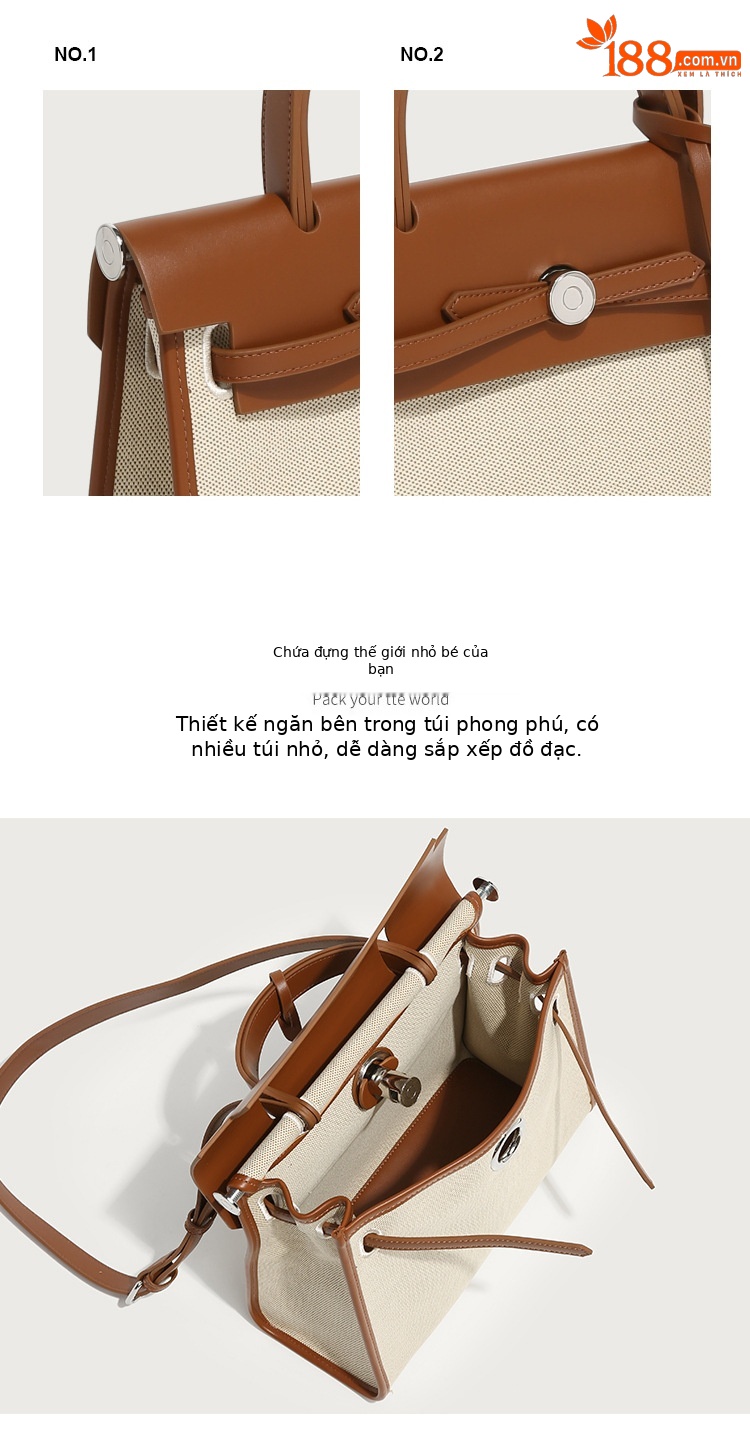 Túi tote canvas Kelly nữ phối màu tương phản, dung tích lớn, đeo chéo/vai — Kích thước lớn màu nâu và trắng, Kích thước lớn màu đen và trắng, Màu nâu cỡ lớn, Màu đen, kích thước lớn chi tiết 5