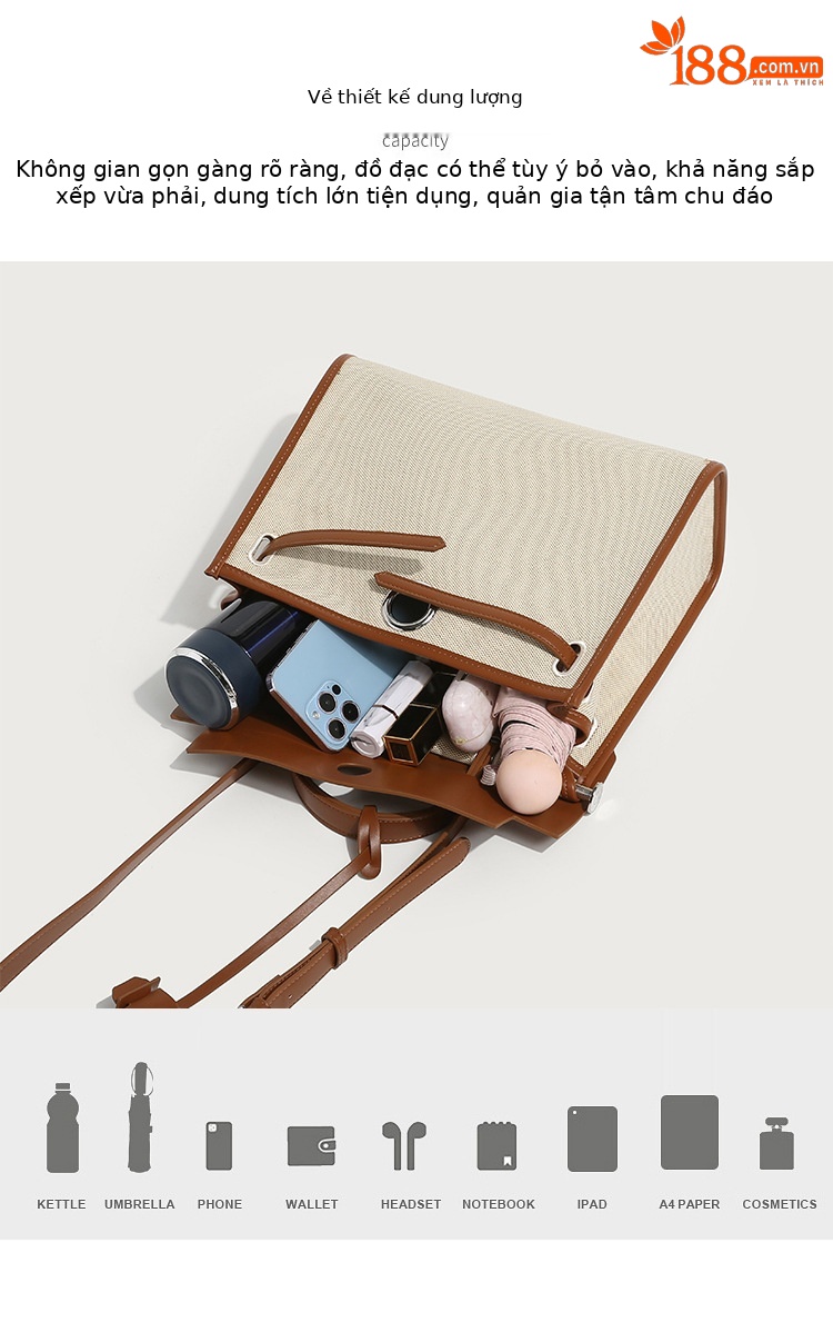 Túi tote canvas Kelly nữ phối màu tương phản, dung tích lớn, đeo chéo/vai — Kích thước lớn màu nâu và trắng, Kích thước lớn màu đen và trắng, Màu nâu cỡ lớn, Màu đen, kích thước lớn chi tiết 6