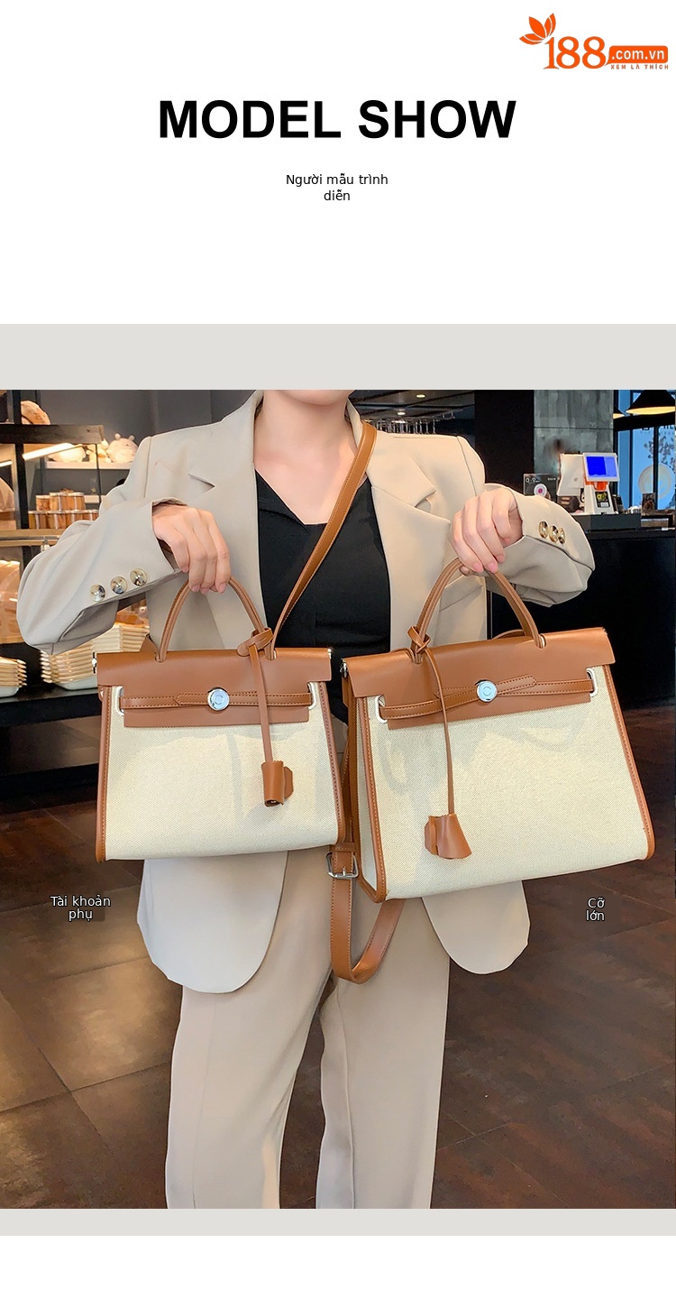 Túi tote canvas Kelly nữ phối màu tương phản, dung tích lớn, đeo chéo/vai — Kích thước lớn màu nâu và trắng, Kích thước lớn màu đen và trắng, Màu nâu cỡ lớn, Màu đen, kích thước lớn chi tiết 7