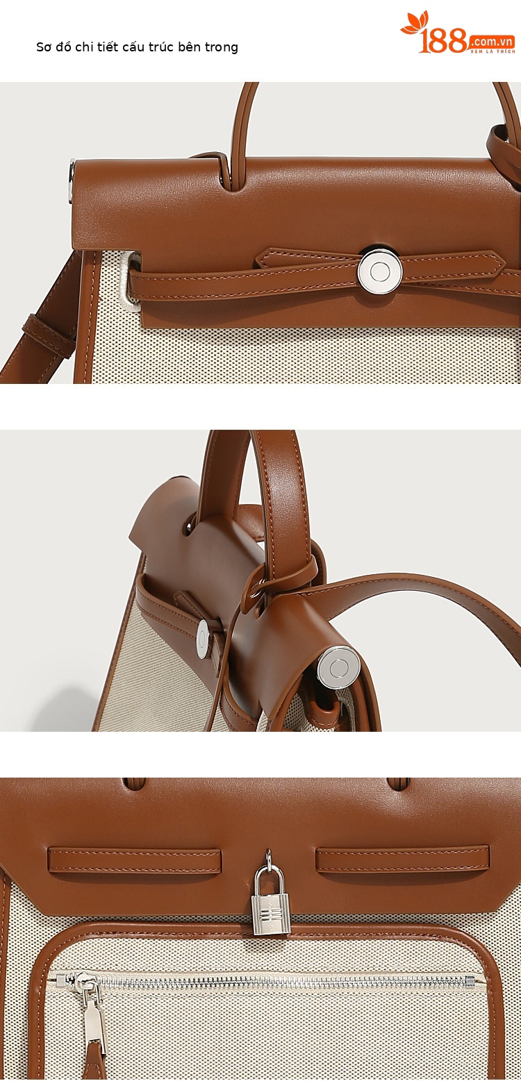 Túi tote canvas Kelly nữ phối màu tương phản, dung tích lớn, đeo chéo/vai — Kích thước lớn màu nâu và trắng, Kích thước lớn màu đen và trắng, Màu nâu cỡ lớn, Màu đen, kích thước lớn chi tiết 20