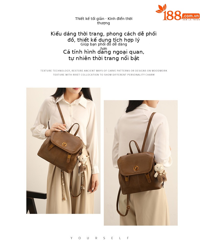 Balo mini nữ phong cách preppy Hàn Quốc, kiểu dáng độc đáo cao cấp, đa năng, có thể đeo chéo hoặc xách tay (27×11×24 cm) — màu nâu chi tiết 2