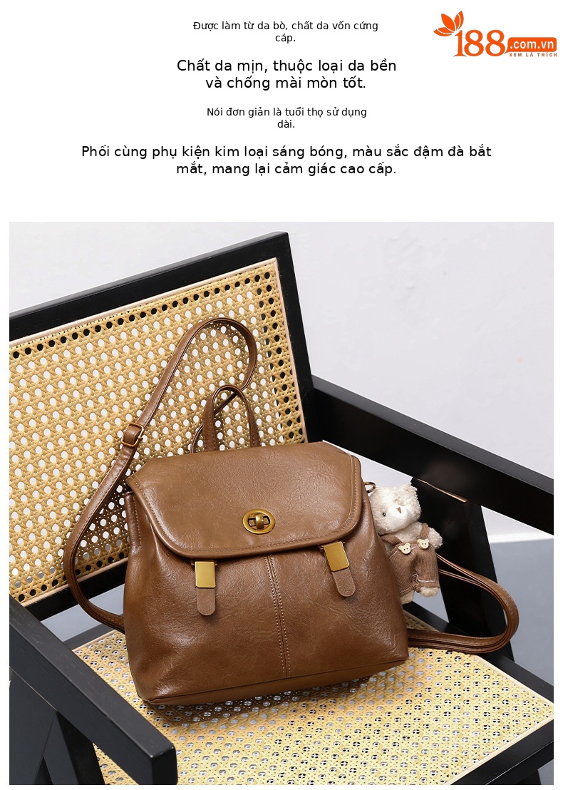 Balo mini nữ phong cách preppy Hàn Quốc, kiểu dáng độc đáo cao cấp, đa năng, có thể đeo chéo hoặc xách tay (27×11×24 cm) — màu nâu chi tiết 4