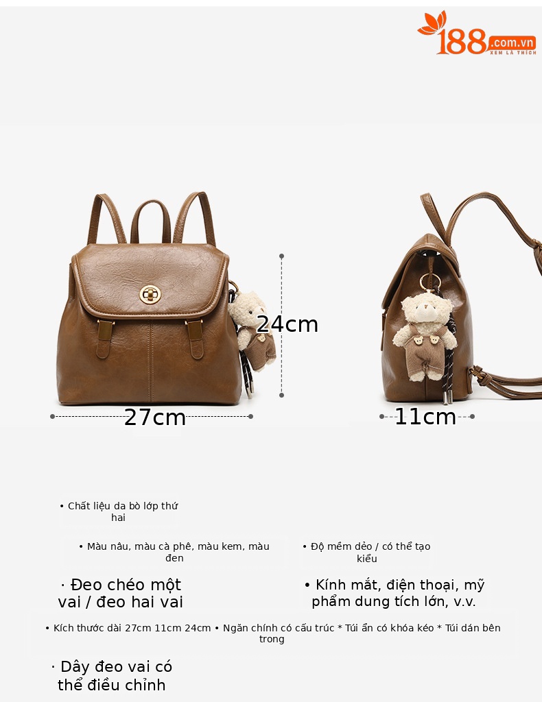 Balo mini nữ phong cách preppy Hàn Quốc, kiểu dáng độc đáo cao cấp, đa năng, có thể đeo chéo hoặc xách tay (27×11×24 cm) — màu nâu chi tiết 7