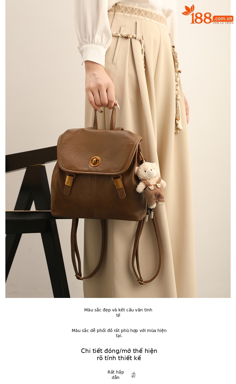 Balo mini nữ phong cách preppy Hàn Quốc, kiểu dáng độc đáo cao cấp, đa năng, có thể đeo chéo hoặc xách tay (27×11×24 cm) — màu nâu chi tiết 14