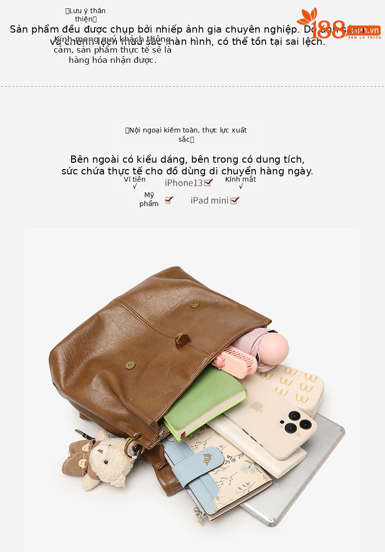 Balo mini nữ phong cách preppy Hàn Quốc, kiểu dáng độc đáo cao cấp, đa năng, có thể đeo chéo hoặc xách tay (27×11×24 cm) — màu nâu chi tiết 8