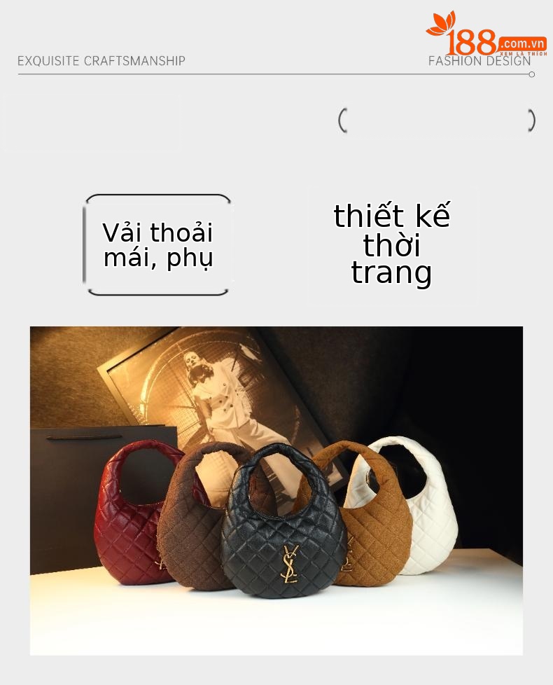Túi xách nữ hình lưỡi liềm da thật phong cách vintage — cà phê đá, màu nâu mờ, Mẫu cừu màu đen, Họa tiết cừu màu đỏ tía chi tiết 4