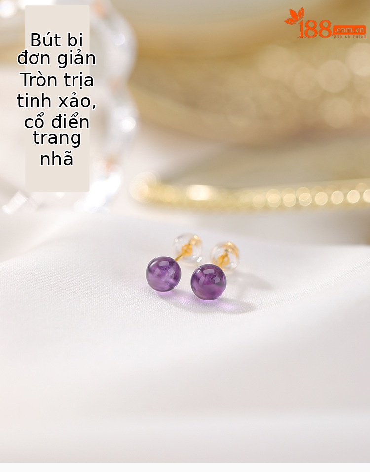 Bông tai bạc S925 mạ vàng đính thạch anh tím tự nhiên hạt tròn hình học đơn giản — một cặp chi tiết 1