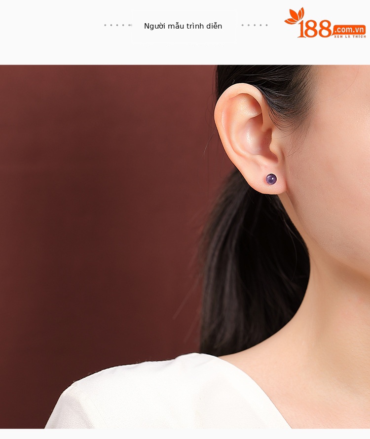 Bông tai bạc S925 mạ vàng đính thạch anh tím tự nhiên hạt tròn hình học đơn giản — một cặp chi tiết 3