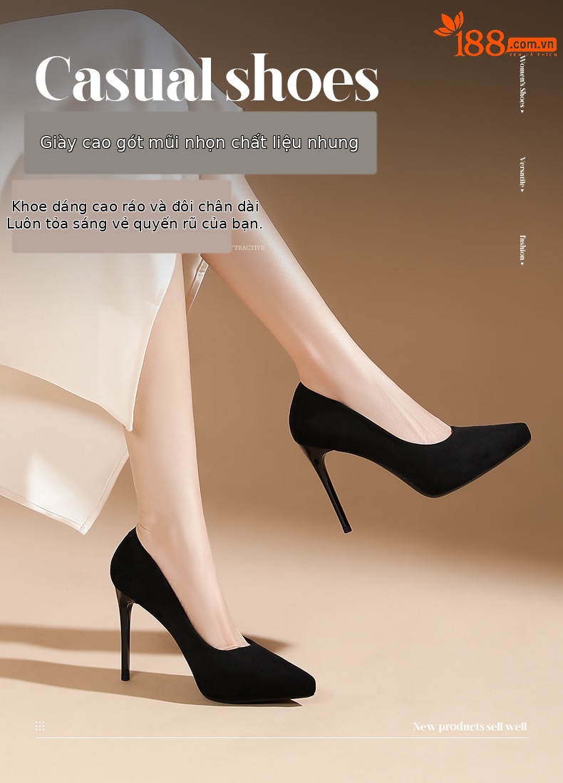 Giày cao gót nữ mũi nhọn da lộn, gót 8 cm, đế chống nước tăng chiều cao bên trong — Nhung đen-8cm chi tiết 1