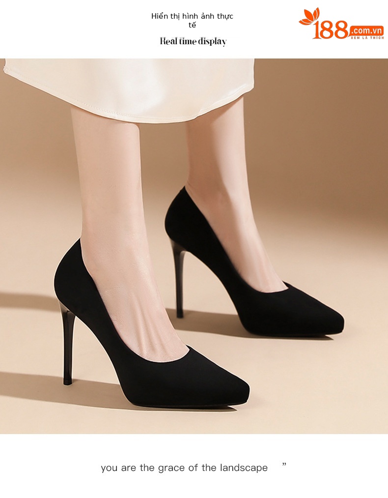 Giày cao gót nữ mũi nhọn da lộn, gót 8 cm, đế chống nước tăng chiều cao bên trong — Nhung đen-8cm chi tiết 5