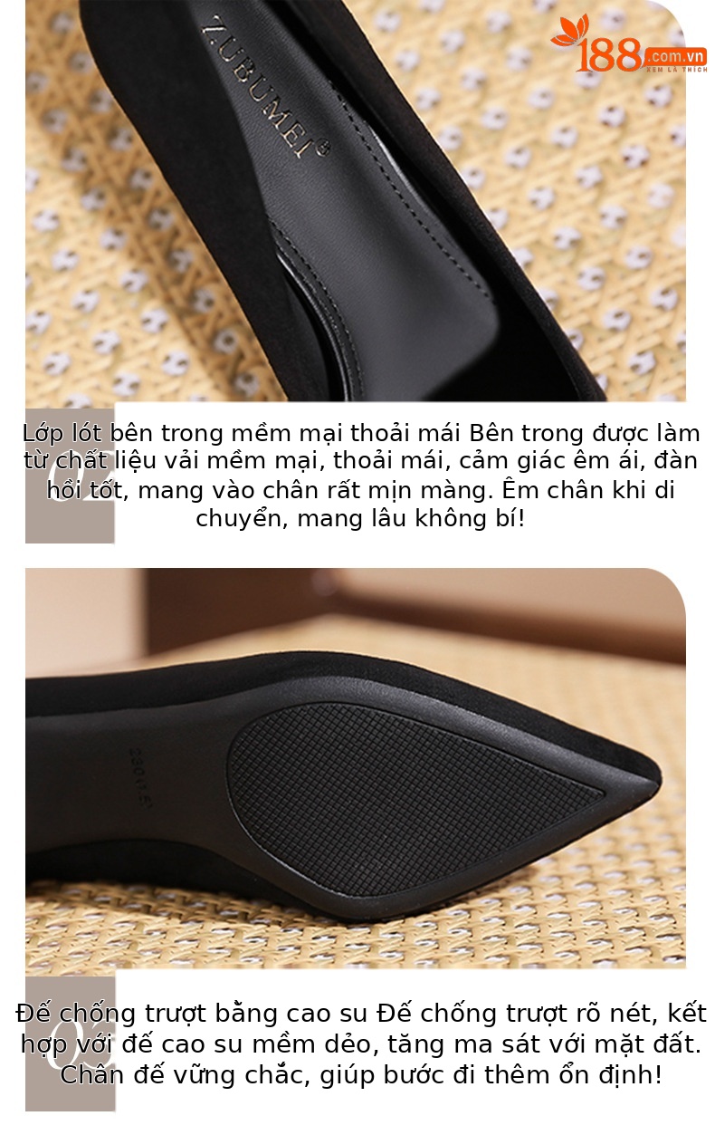 Giày cao gót nữ mũi nhọn da lộn, gót 8 cm, đế chống nước tăng chiều cao bên trong — Nhung đen-8cm chi tiết 4