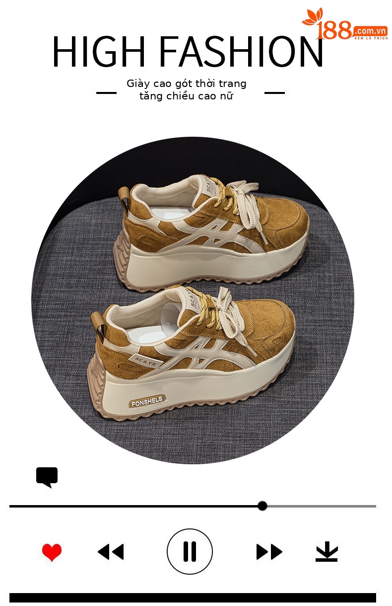 Giày sneaker nữ đế dày tăng chiều cao 7 cm phong cách đa năng mùa thu đông — M2999 li đơn màu vàng, M2999-1 màu vàng nhung, M2999-1 màu nâu cộng nhung, M2999 lớp lót đơn màu nâu chi tiết 5