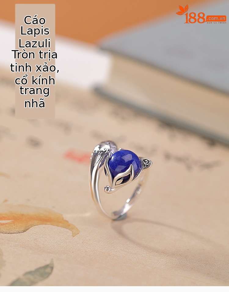 Nhẫn bạc S925 hình cáo đính đá Lapis Lazuli phong cách retro — Một mảnh chi tiết 1
