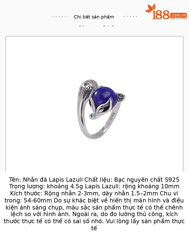 Nhẫn bạc S925 hình cáo đính đá Lapis Lazuli phong cách retro — Một mảnh chi tiết 2
