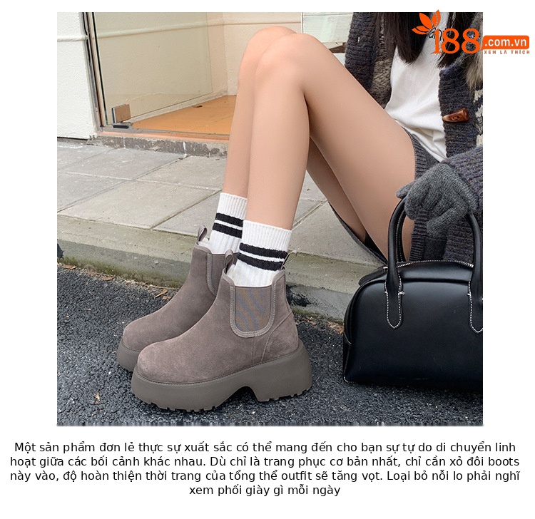 Boot Chelsea nữ da dê lót lông cừu đế dày platform ấm mùa đông — màu đen chi tiết 4