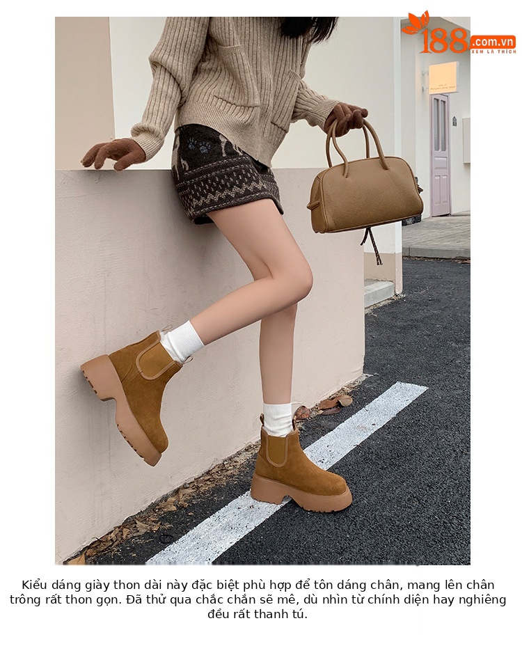 Boot Chelsea nữ da dê lót lông cừu đế dày platform ấm mùa đông — màu đen chi tiết 5