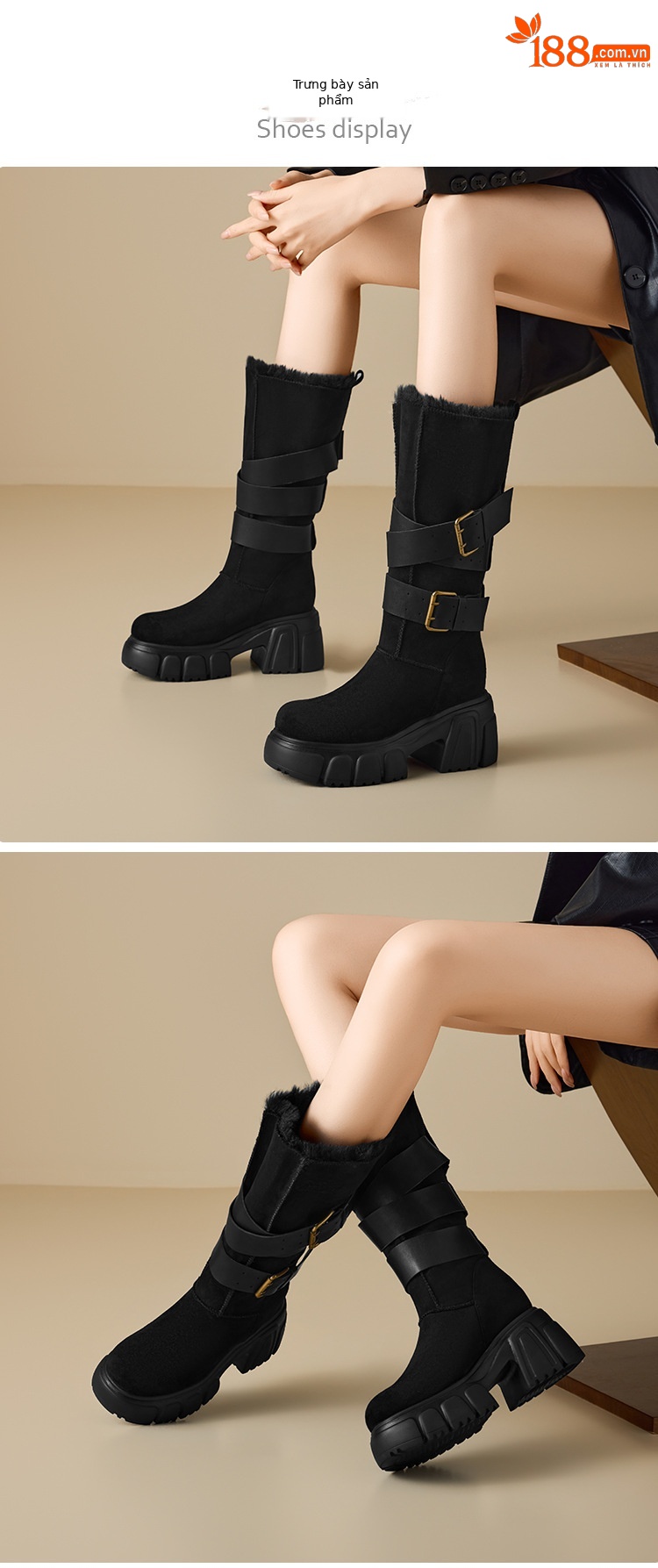 Boot nữ mùa đông kiểu Anh gót vuông 10cm khóa thắt lưng phong cách xe máy — nhung đen chi tiết 2