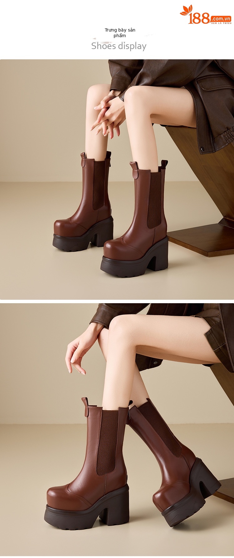 Boot nữ da thật cổ cao ôm bắp chân, đế dày tăng chiều cao, phong cách Anh Quốc — nhung nâu chi tiết 2
