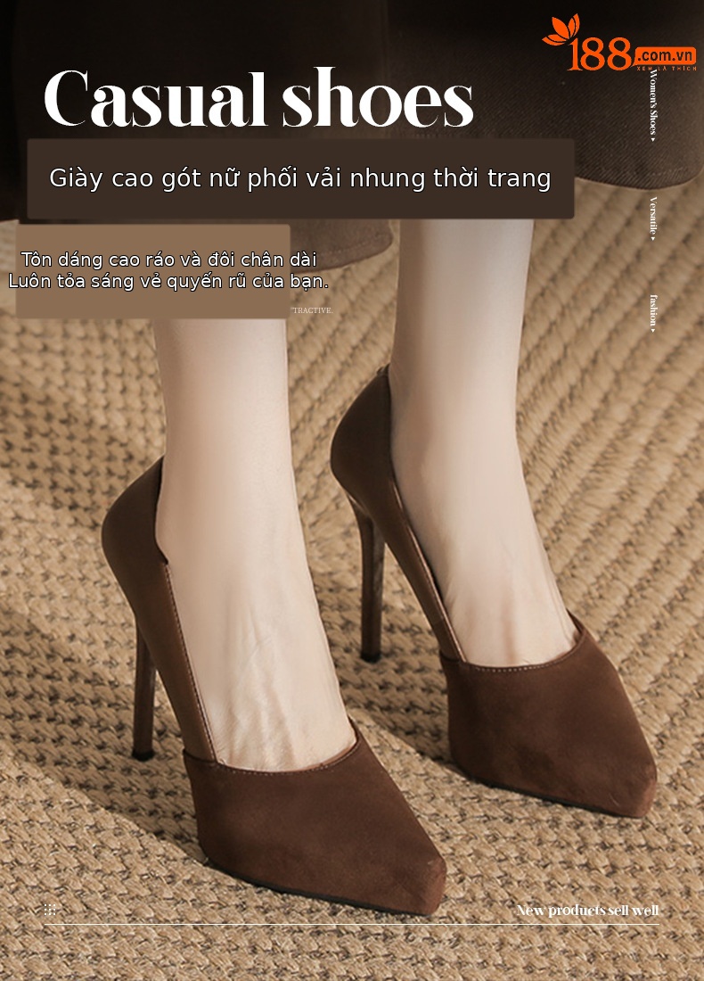 Giày cao gót nữ đế xuồng mũi nhọn gót nhọn da lộn — Cà phê chi tiết 1