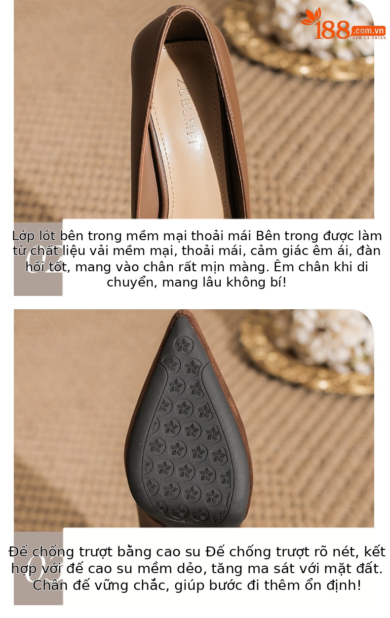 Giày cao gót nữ đế xuồng mũi nhọn gót nhọn da lộn — Cà phê chi tiết 5