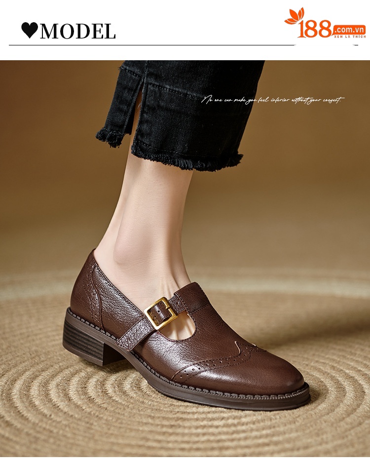 Giày Mary Jane nữ quai chữ T da bò gót dày phong cách brogue — màu nâu chi tiết 9