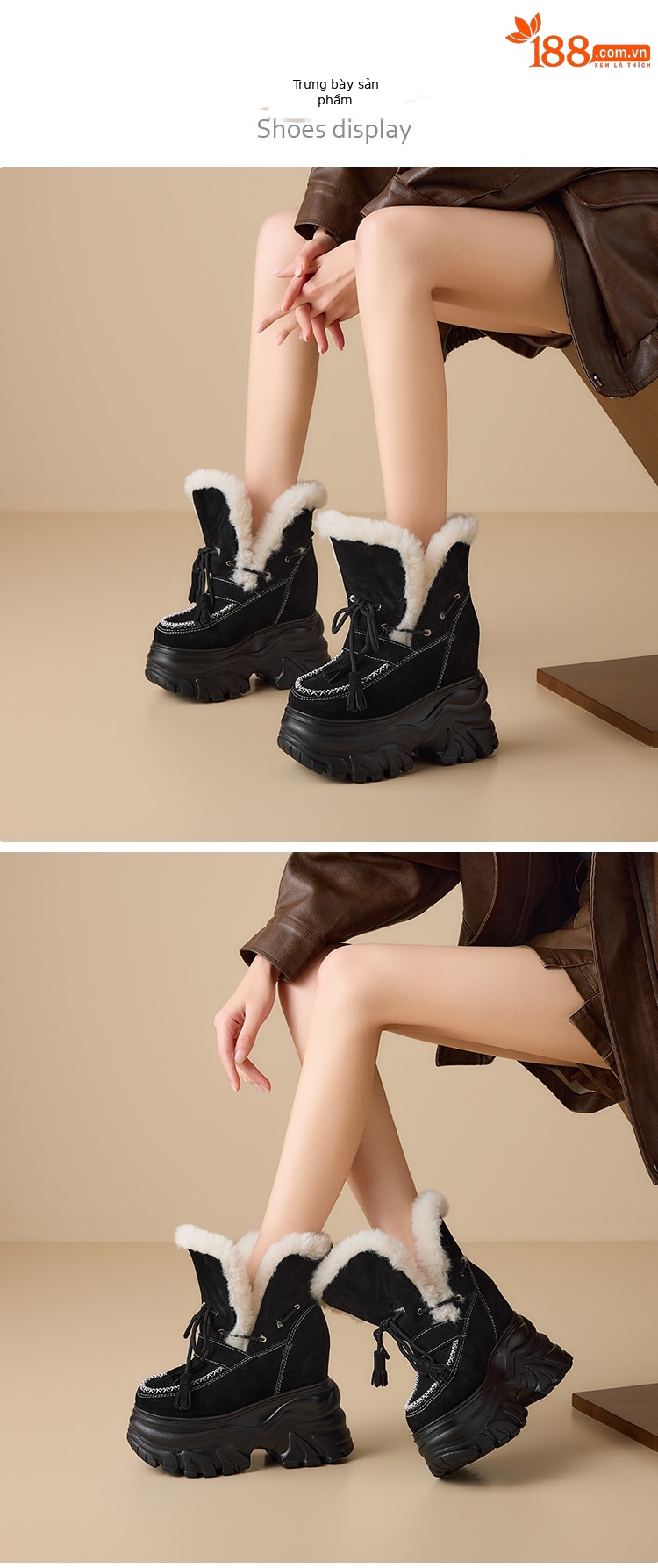 Boot nữ cổ cao ôm bắp chân đế dày 14 cm, chất nhung đen ấm áp — nhung đen chi tiết 2