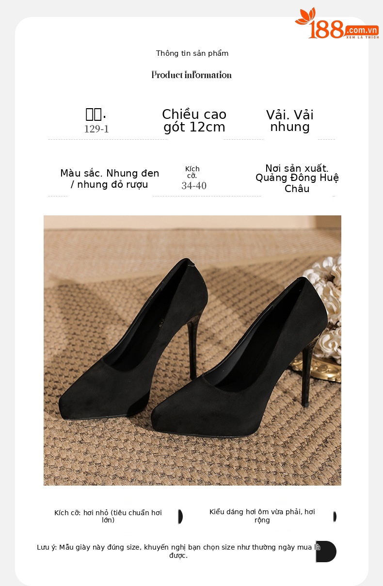 Giày cao gót nữ mũi nhọn đế xuồng platform lót nhung — nhung đen chi tiết 3