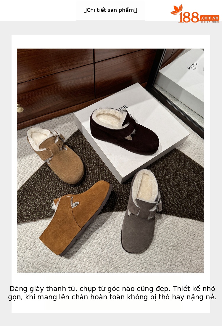 Dép lông Birkenstock da thật nữ đế dày, mũi kín lông cừu, có khóa thắt lưng, tăng chiều cao bên trong — cà phê nâu chi tiết 3
