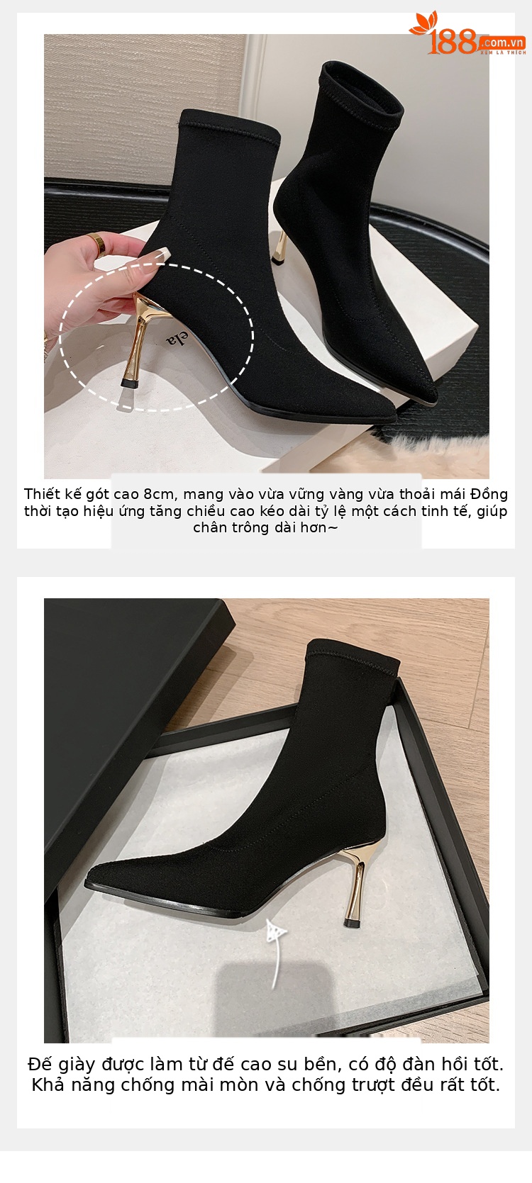 Boot nữ cổ cao quá gối mũi nhọn gót nhọn co giãn ôm chân — Ống cao màu đen chi tiết 3