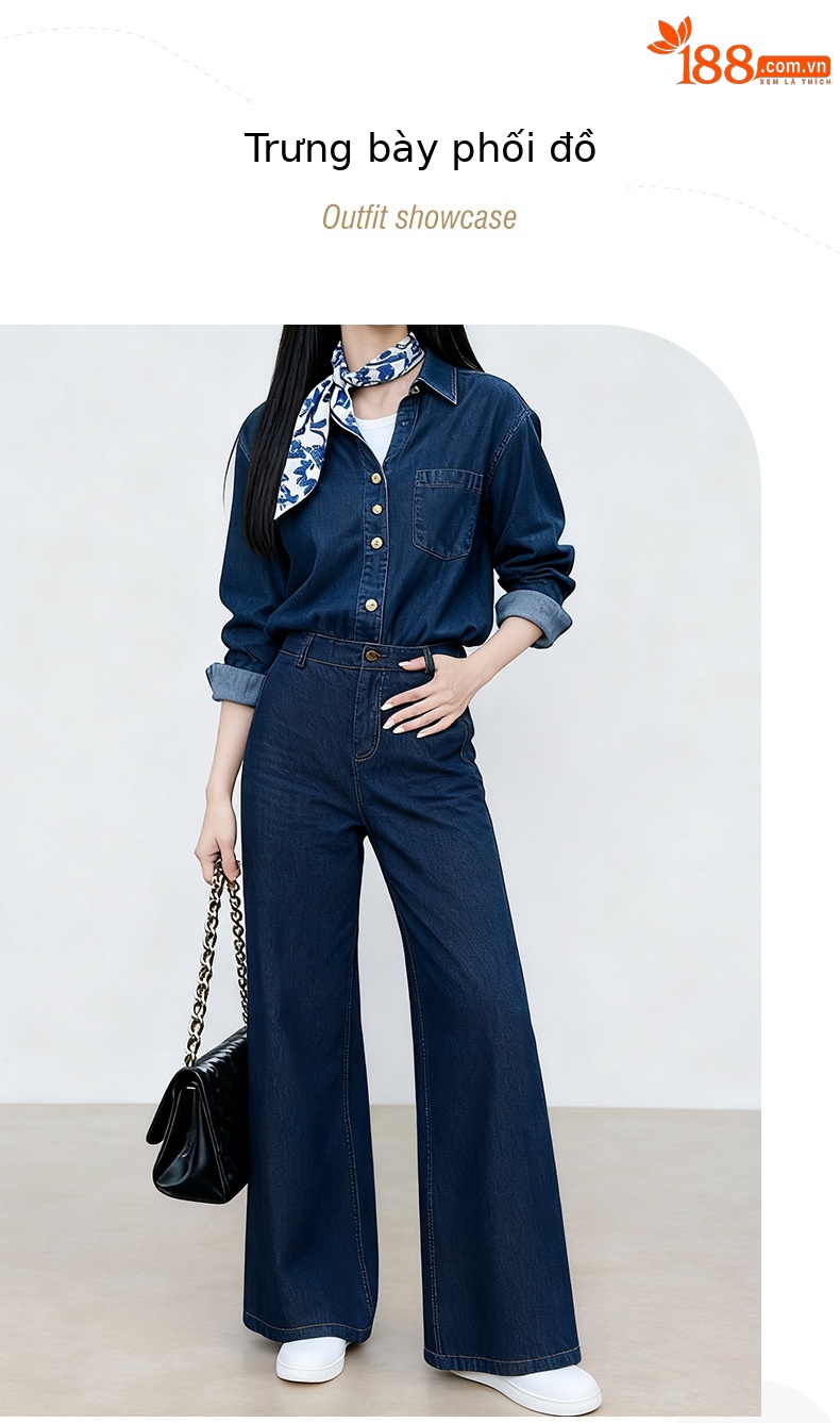 Quần jean ống rộng Xinge denim xanh chống phai màu, lưng cao, dáng suông dài đến sàn — màu xanh denim chi tiết 1