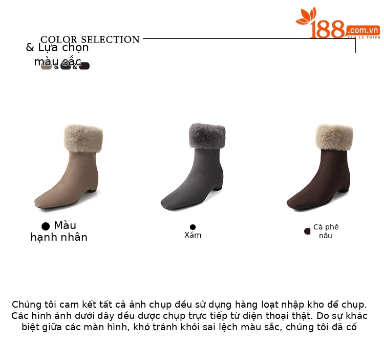 Boot nữ cổ cao lông cừu mũi vuông tăng chiều cao — cà phê nâu, màu xám, quả mơ chi tiết 2