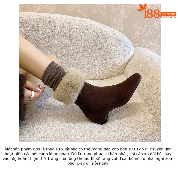 Boot nữ cổ cao lông cừu mũi vuông tăng chiều cao — cà phê nâu, màu xám, quả mơ chi tiết 4