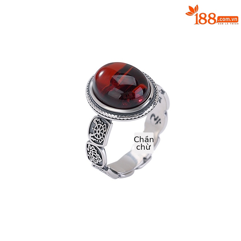 Nhẫn bạc S990 đính huyết hổ phách cabochon khắc chú sáu chữ phong cách Trung Hoa — Một mảnh