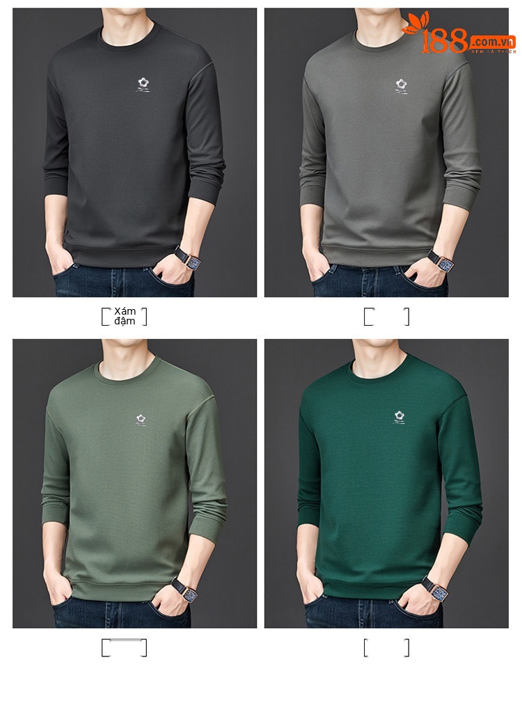 Áo thun nỉ cotton cổ tròn tay dài nam — màu xám đậm chi tiết 3