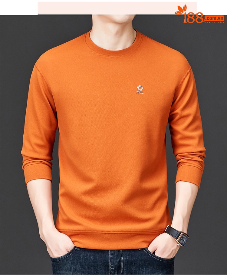 Áo thun nỉ cotton cổ tròn tay dài nam — màu xám đậm chi tiết 6