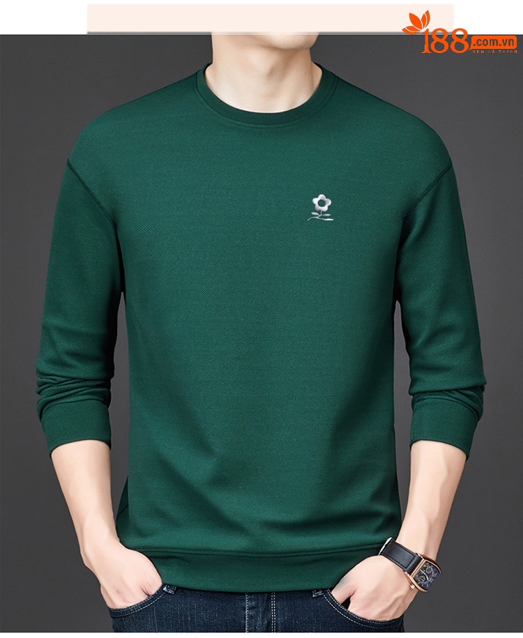 Áo thun nỉ cotton cổ tròn tay dài nam — màu xám đậm chi tiết 13