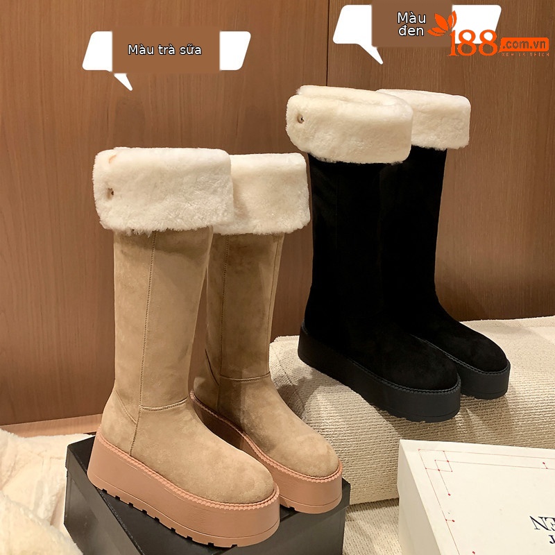 Boot nữ cổ cao lông cừu ấm áp đế dày tăng chiều cao — màu đen
