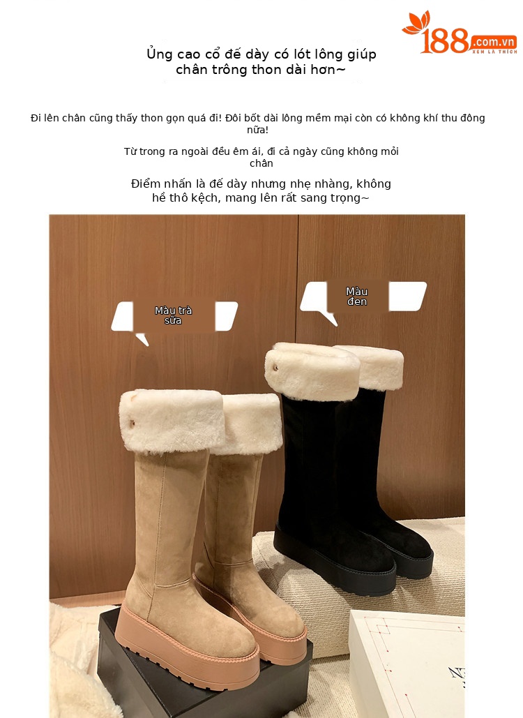 Boot nữ cổ cao lông cừu ấm áp đế dày tăng chiều cao — màu đen chi tiết 3