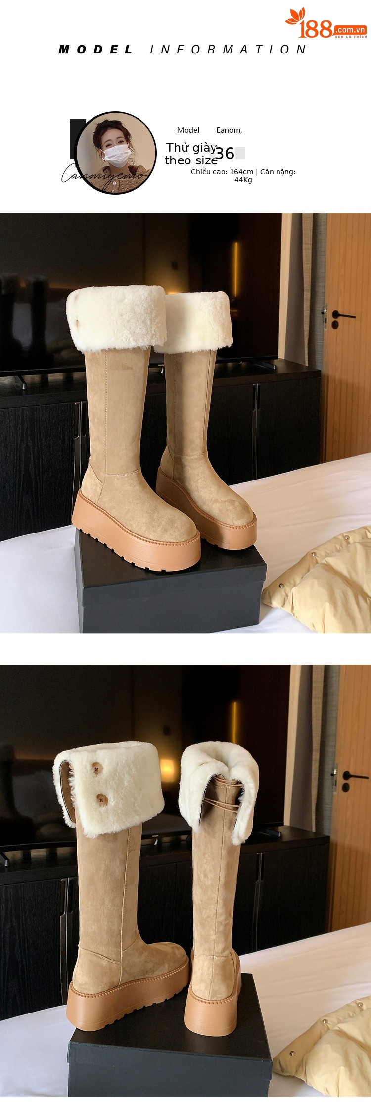 Boot nữ cổ cao lông cừu ấm áp đế dày tăng chiều cao — màu đen chi tiết 6
