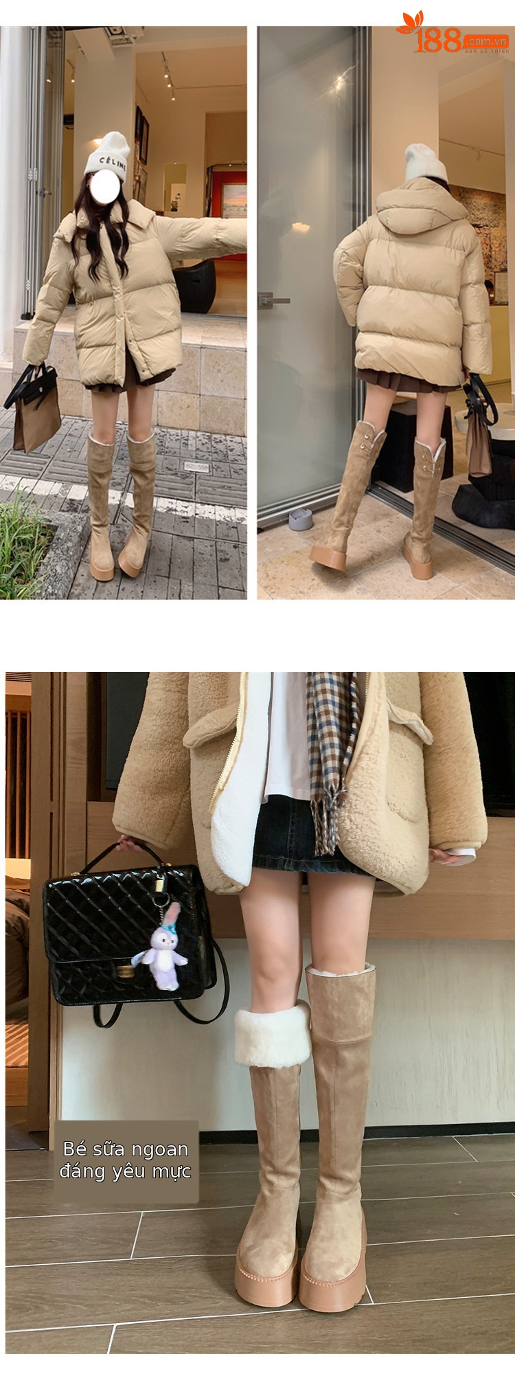 Boot nữ cổ cao lông cừu ấm áp đế dày tăng chiều cao — màu đen chi tiết 8