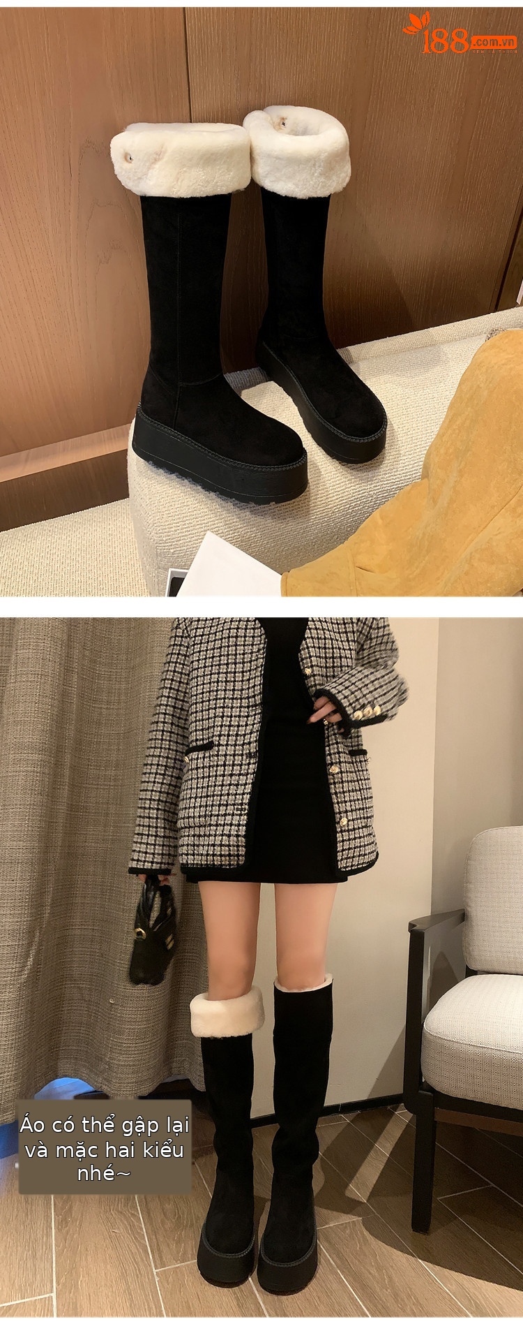 Boot nữ cổ cao lông cừu ấm áp đế dày tăng chiều cao — màu đen chi tiết 13