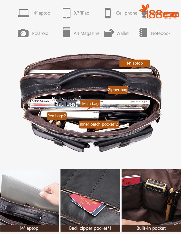 Túi đeo chéo nam da bò cao cấp công suất lớn đựng laptop 14 inch — màu đen, nâu đỏ, 35cm*7cm*30cm chi tiết 2