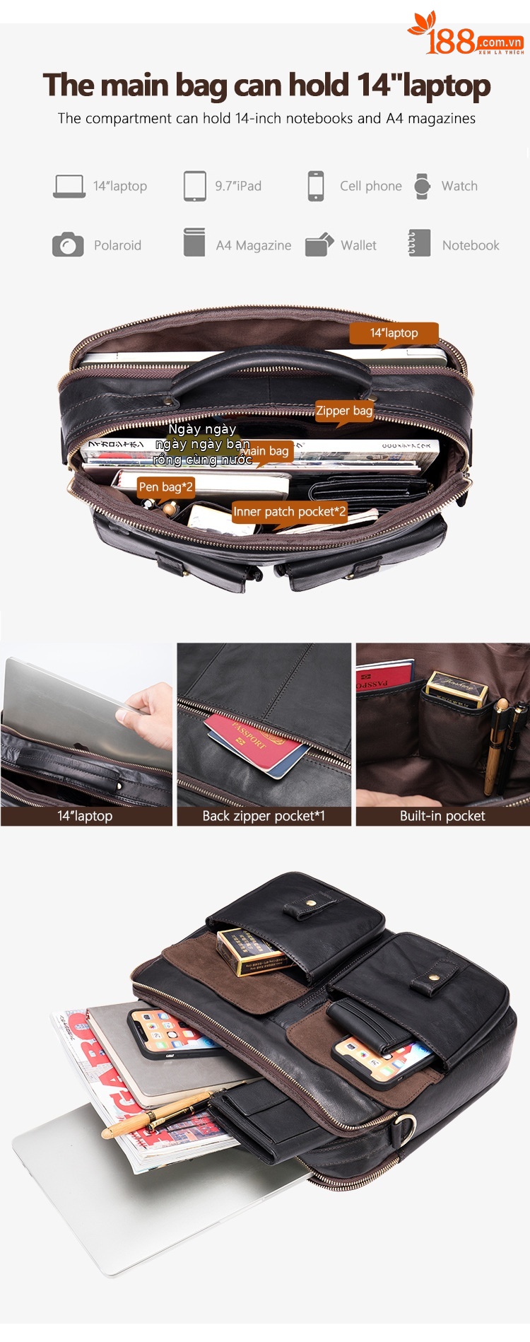 Túi đeo chéo nam da bò cao cấp công suất lớn đựng laptop 14 inch — màu đen, nâu đỏ, 35cm*7cm*30cm chi tiết 3