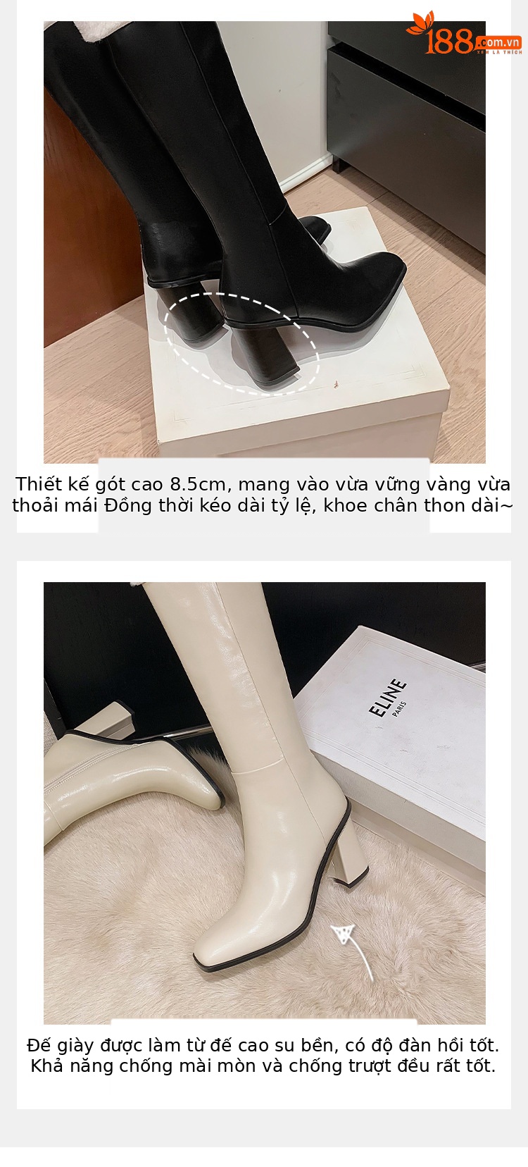 Boot nữ cổ cao mũi vuông gót dày da thật, phong cách hiệp sĩ, có thể gập ống — Lớp lót nhung đen chi tiết 4