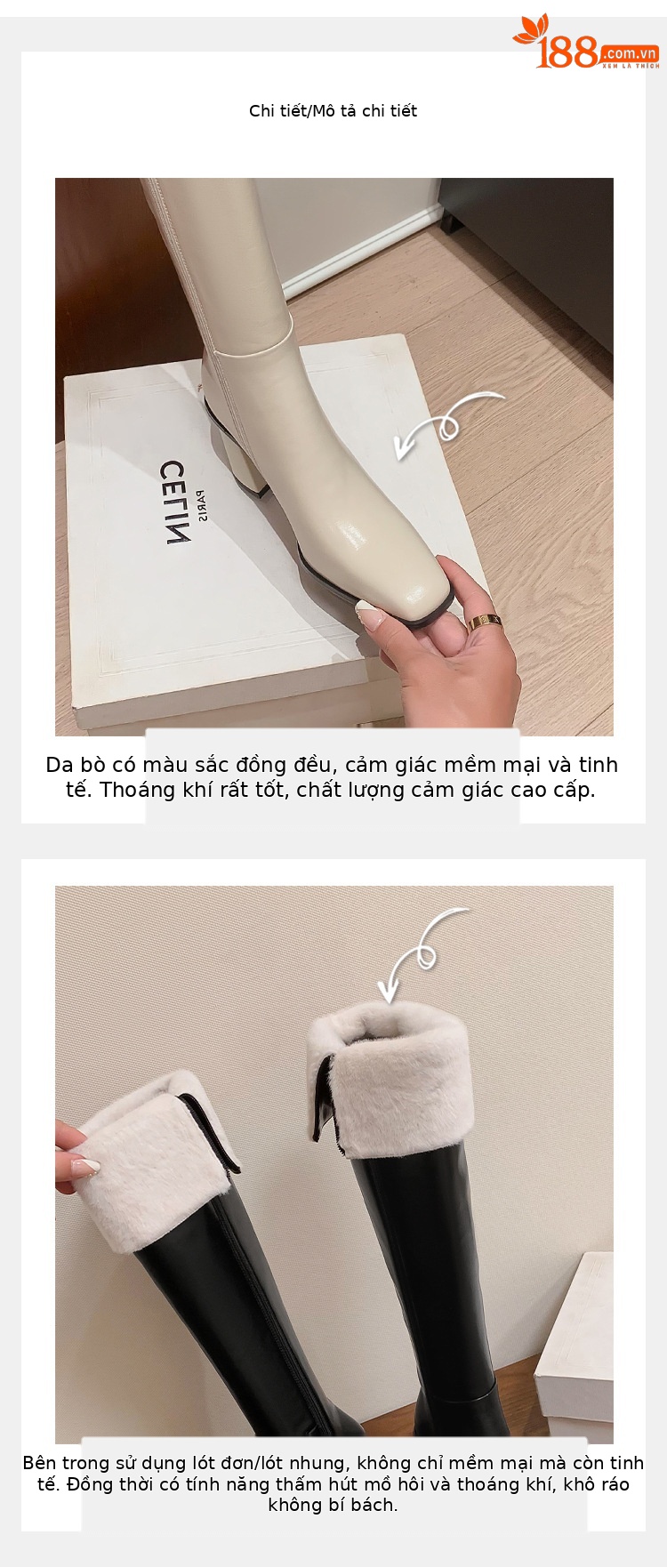 Boot nữ cổ cao mũi vuông gót dày da thật, phong cách hiệp sĩ, có thể gập ống — Lớp lót nhung đen chi tiết 3