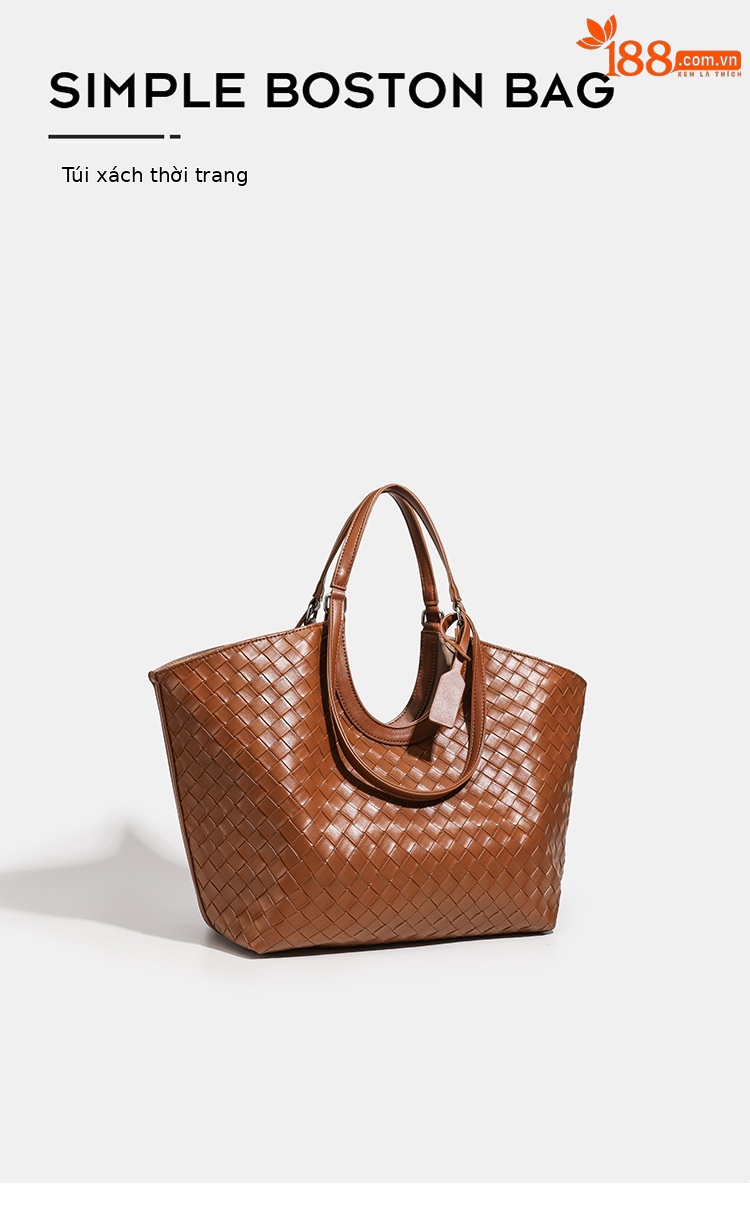 Túi tote da bò dệt kiểu retro cỡ lớn, có túi con rời, quai xách tay và đeo vai — màu nâu, màu đen chi tiết 1