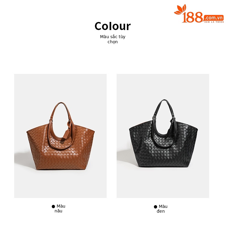 Túi tote da bò dệt kiểu retro cỡ lớn, có túi con rời, quai xách tay và đeo vai — màu nâu, màu đen chi tiết 4