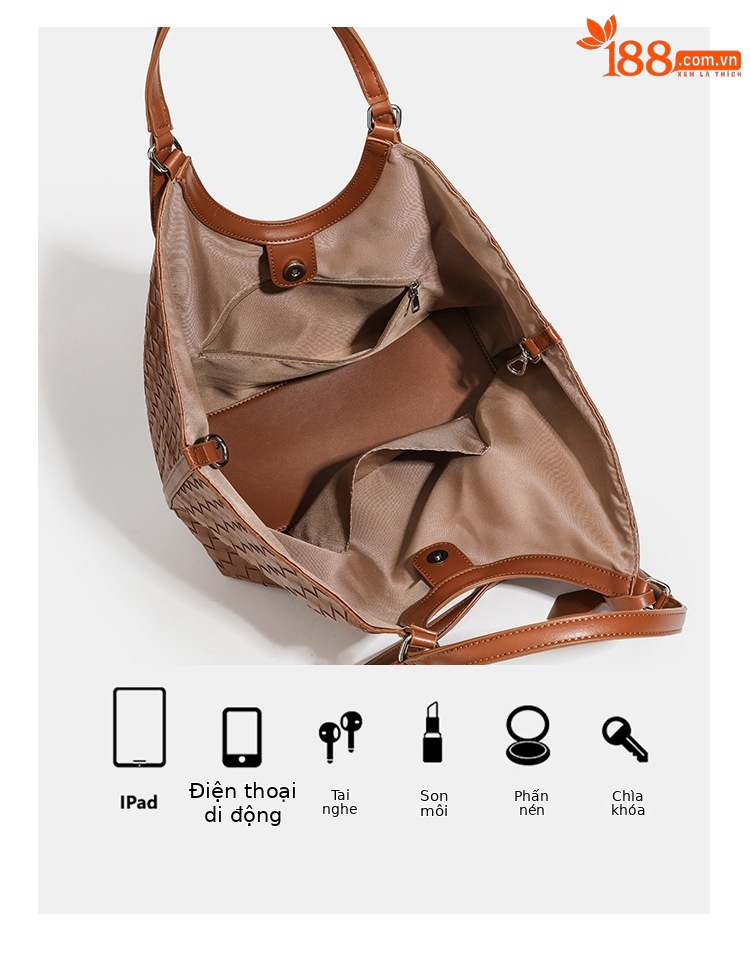 Túi tote da bò dệt kiểu retro cỡ lớn, có túi con rời, quai xách tay và đeo vai — màu nâu, màu đen chi tiết 6