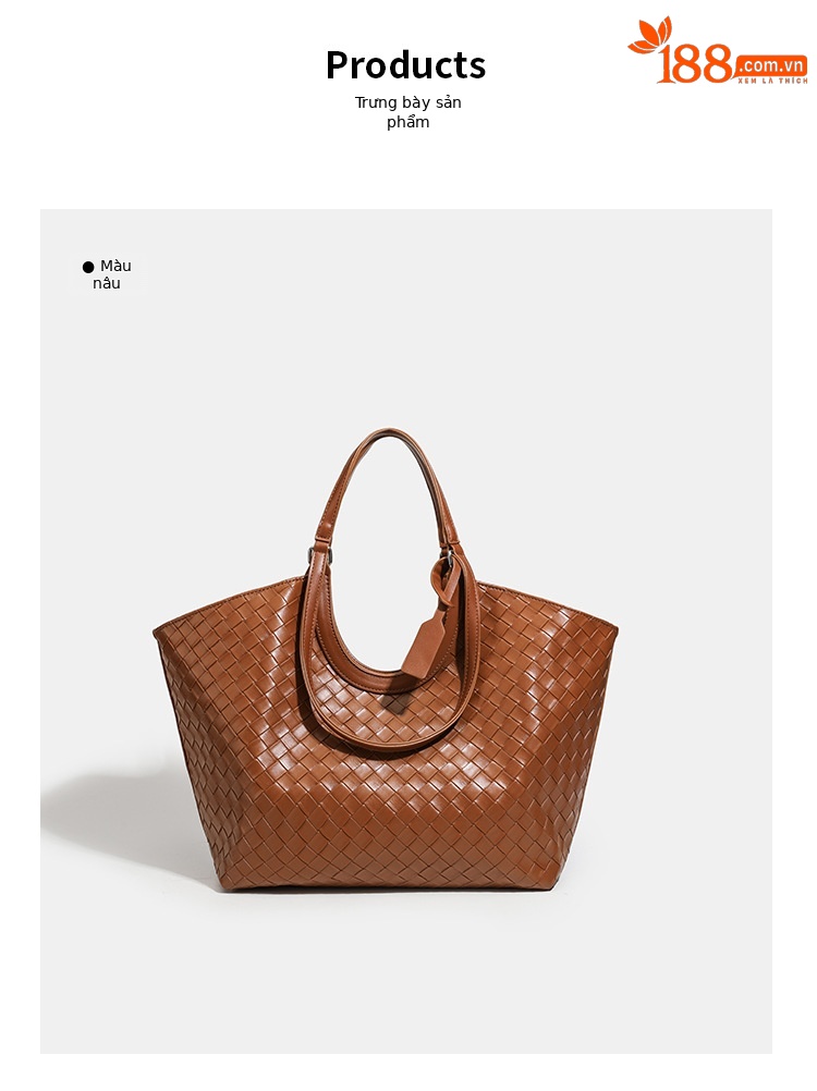 Túi tote da bò dệt kiểu retro cỡ lớn, có túi con rời, quai xách tay và đeo vai — màu nâu, màu đen chi tiết 7