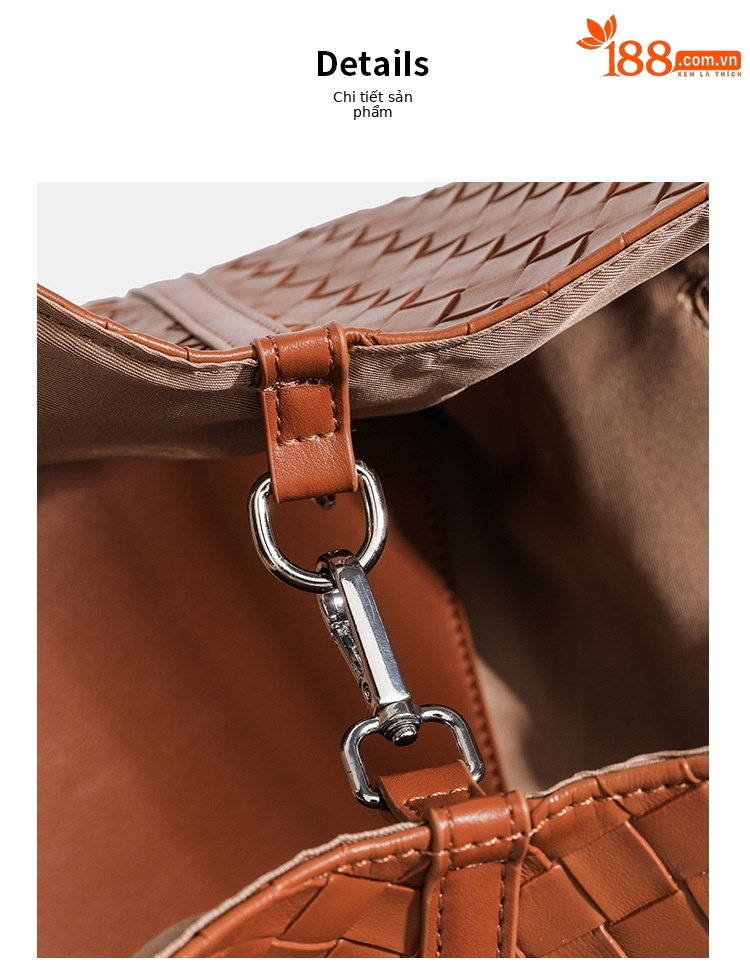 Túi tote da bò dệt kiểu retro cỡ lớn, có túi con rời, quai xách tay và đeo vai — màu nâu, màu đen chi tiết 17